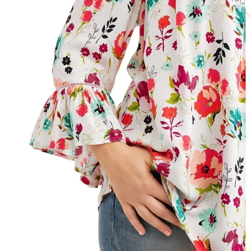 Terra & Sky White Floral lightweight soft woven knit fabric, 3/4-length sleeves